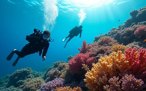 Divers exploring a colorful Jeju coral reef.