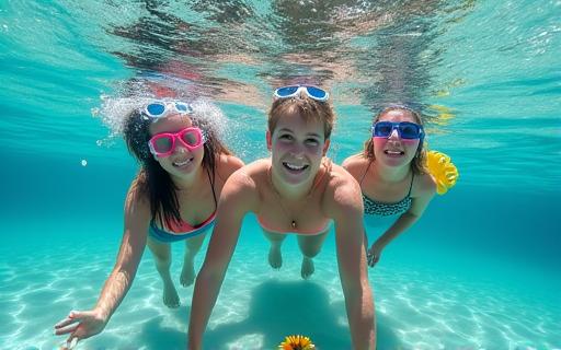 A family snorkeling in clear, shallow water.