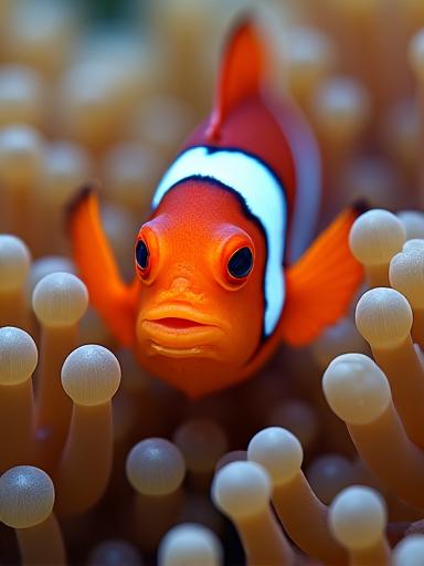 A close-up of a clownfish in a sea anemone.