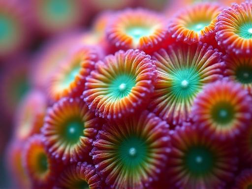 A macro shot of vibrant, textured coral polyps.
