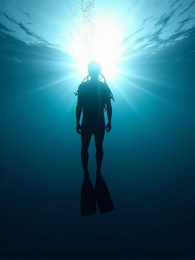 The silhouette of a diver against the bright blue water surface.