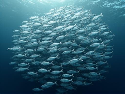 A large school of silver fish swimming in unison.