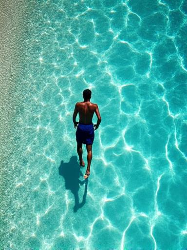 A snorkeler viewed from above in crystal clear water.