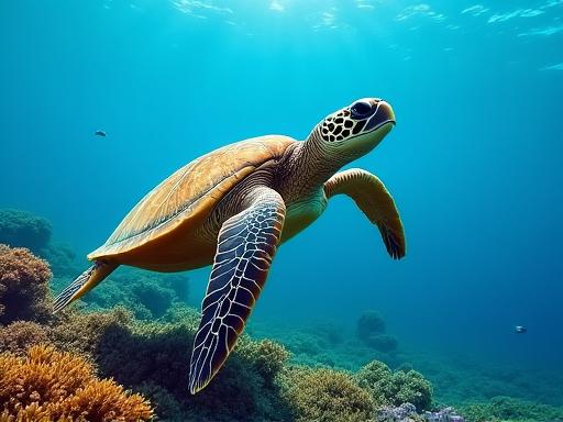 A sea turtle gracefully swimming over a coral reef.