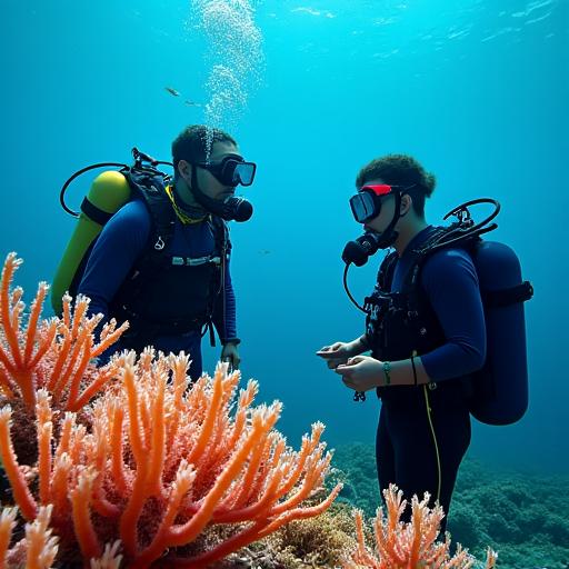 A dive guide pointing out a specific coral to a tourist.