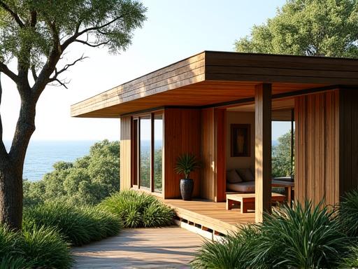 The exterior of the eco-lodge with natural wood and greenery.